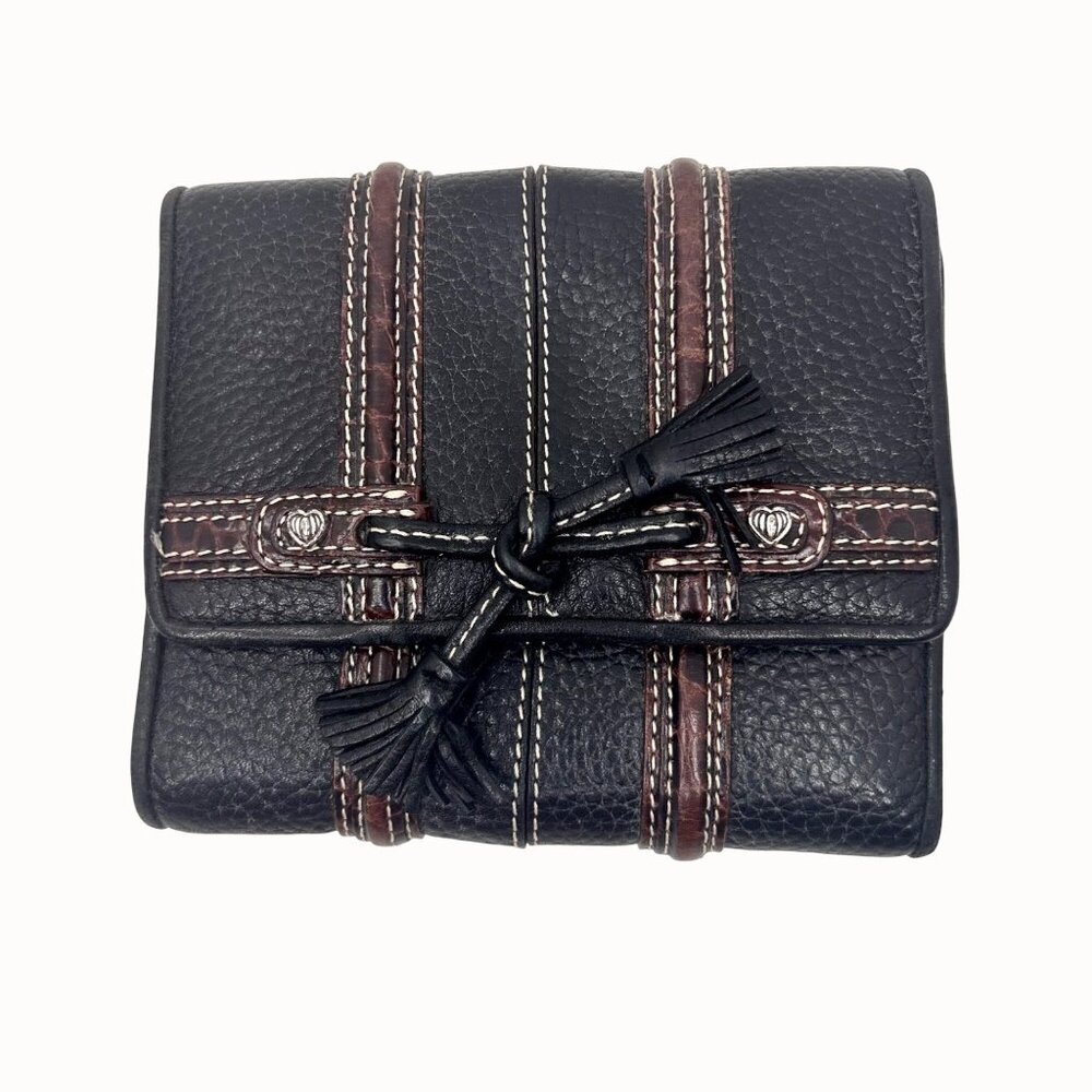 BRIGHTON BLACK & BROWN PEBBLED & CROC LEATHER TASSEL FOLDING WALLET